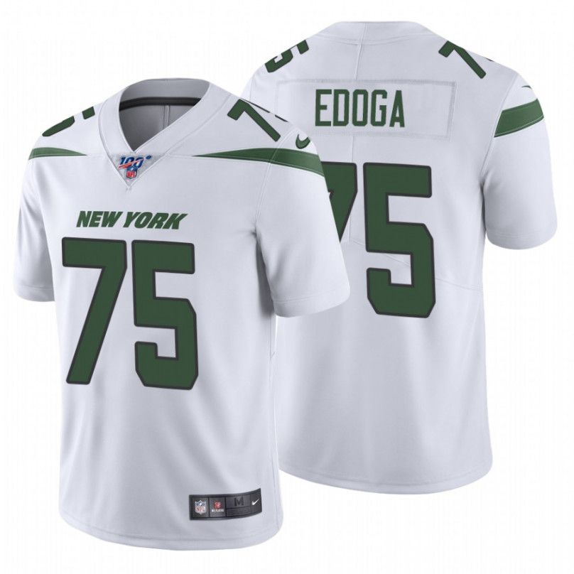 Men New York Jets 75 Chuma Edoga Nike White 100th Vapor Limited NFL Jersey